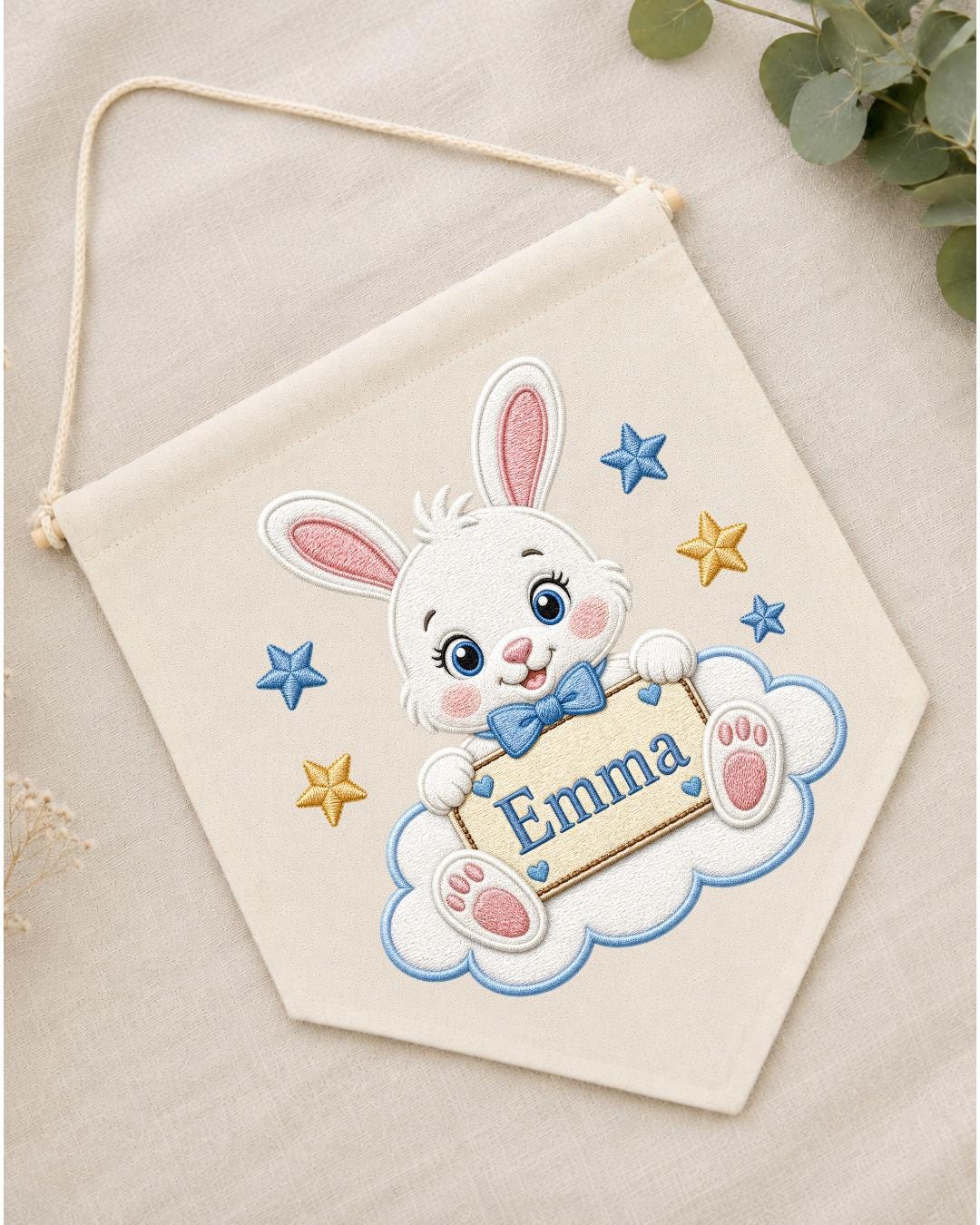 Personalized Bunny Nursery Wall Hanging, Custom Name Embroidered Banner, Rabbit Baby Name Sign, Baby Girl Nursery Decor, Baby Shower Gift