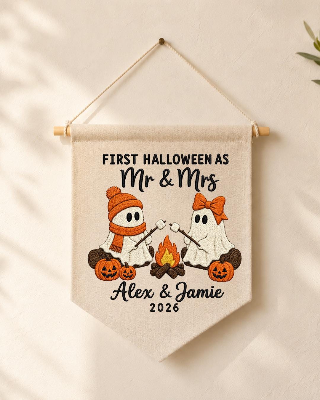 Personalized First Halloween Couple Wall Hanging, Custom Names Embroidered Banner, Mr and Mrs Ghost Halloween Decor, Newlywed Halloween Gift