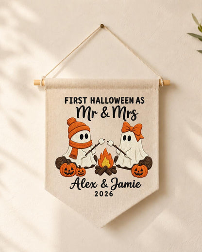 Personalized First Halloween Couple Wall Hanging, Custom Names Embroidered Banner, Mr and Mrs Ghost Halloween Decor, Newlywed Halloween Gift
