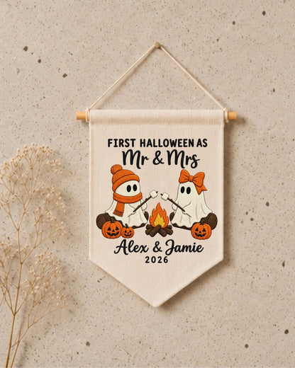 Personalized First Halloween Couple Wall Hanging, Custom Names Embroidered Banner, Mr and Mrs Ghost Halloween Decor, Newlywed Halloween Gift