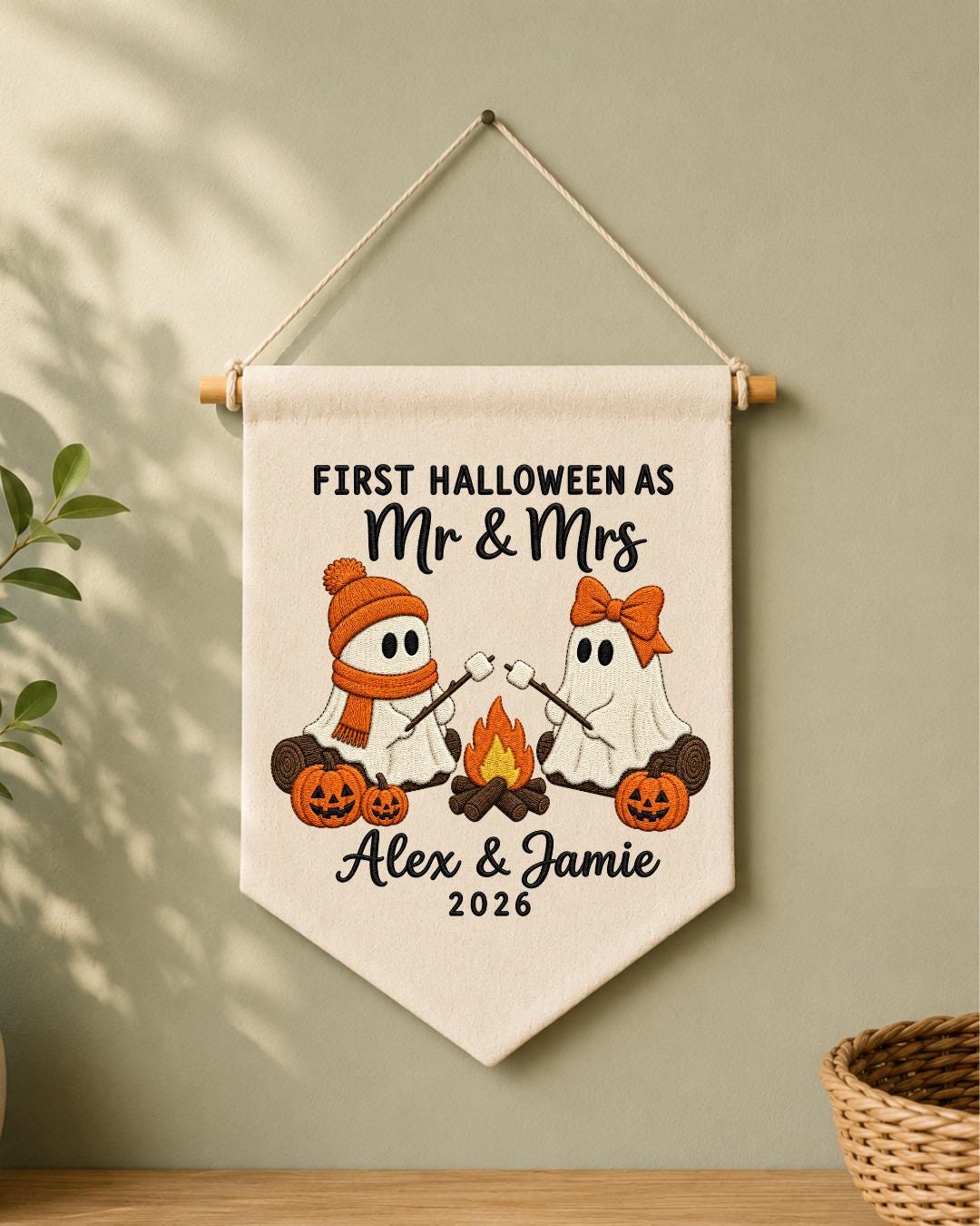 Personalized First Halloween Couple Wall Hanging, Custom Names Embroidered Banner, Mr and Mrs Ghost Halloween Decor, Newlywed Halloween Gift