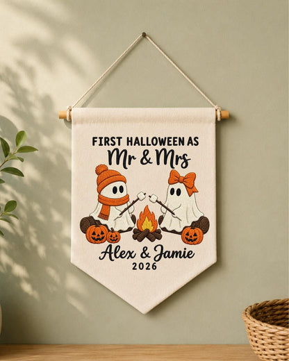 Personalized First Halloween Couple Wall Hanging, Custom Names Embroidered Banner, Mr and Mrs Ghost Halloween Decor, Newlywed Halloween Gift