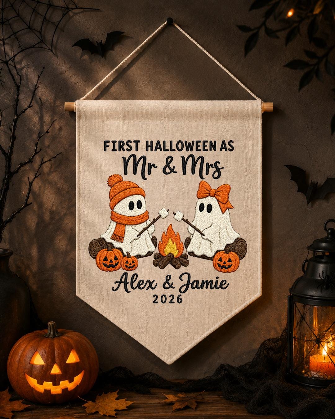 Personalized First Halloween Couple Wall Hanging, Custom Names Embroidered Banner, Mr and Mrs Ghost Halloween Decor, Newlywed Halloween Gift