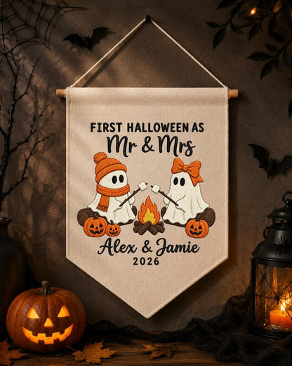 Personalized First Halloween Couple Wall Hanging, Custom Names Embroidered Banner, Mr and Mrs Ghost Halloween Decor, Newlywed Halloween Gift