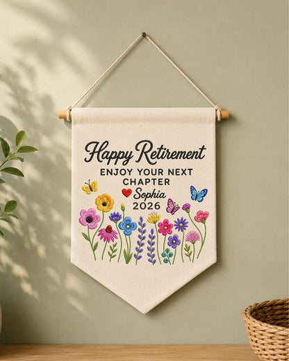 Personalized Retirement Wall Hanging, Custom Name Embroidered Banner, Wildflower Retirement Gift, Happy Retirement Keepsake, Coworker Gift