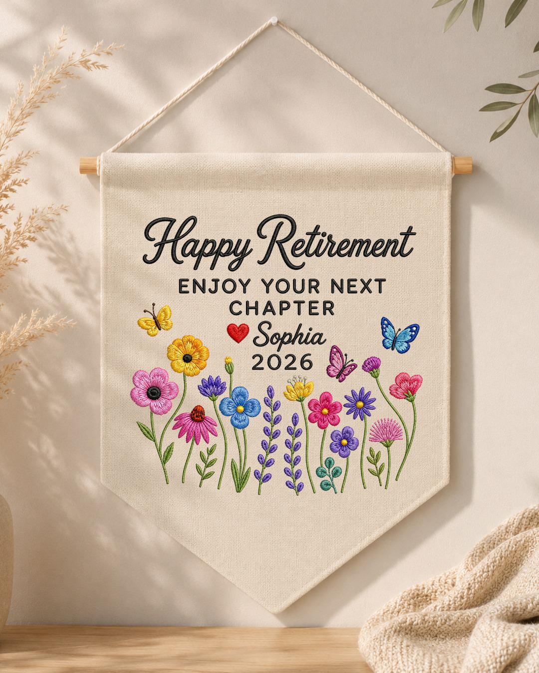 Personalized Retirement Wall Hanging, Custom Name Embroidered Banner, Wildflower Retirement Gift, Happy Retirement Keepsake, Coworker Gift