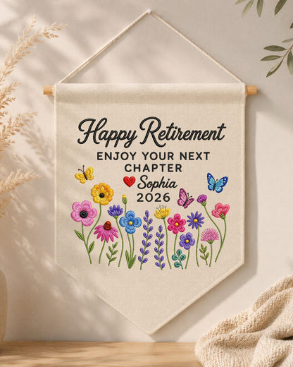 Personalized Retirement Wall Hanging, Custom Name Embroidered Banner, Wildflower Retirement Gift, Happy Retirement Keepsake, Coworker Gift