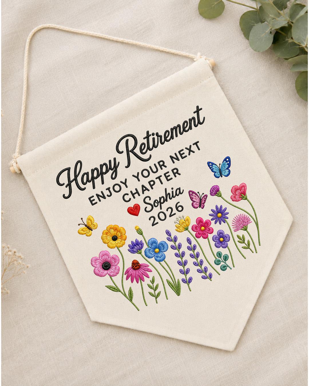 Personalized Retirement Wall Hanging, Custom Name Embroidered Banner, Wildflower Retirement Gift, Happy Retirement Keepsake, Coworker Gift