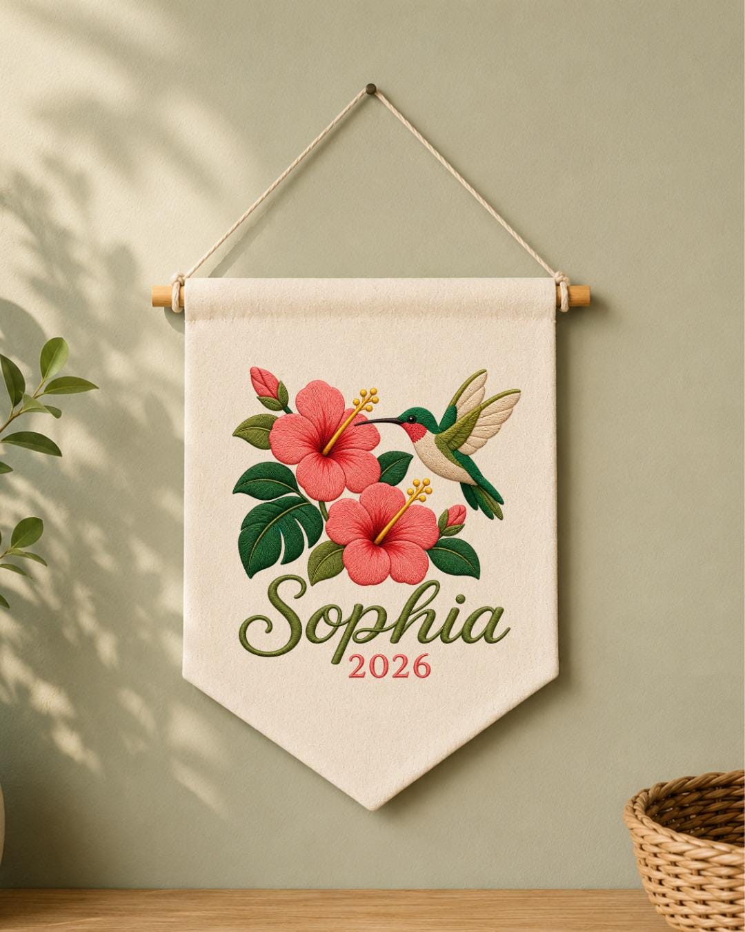 Personalized Hummingbird Floral Wall Hanging, Custom Name Embroidered Banner, Hibiscus Flower Decor, Tropical Nursery Gift