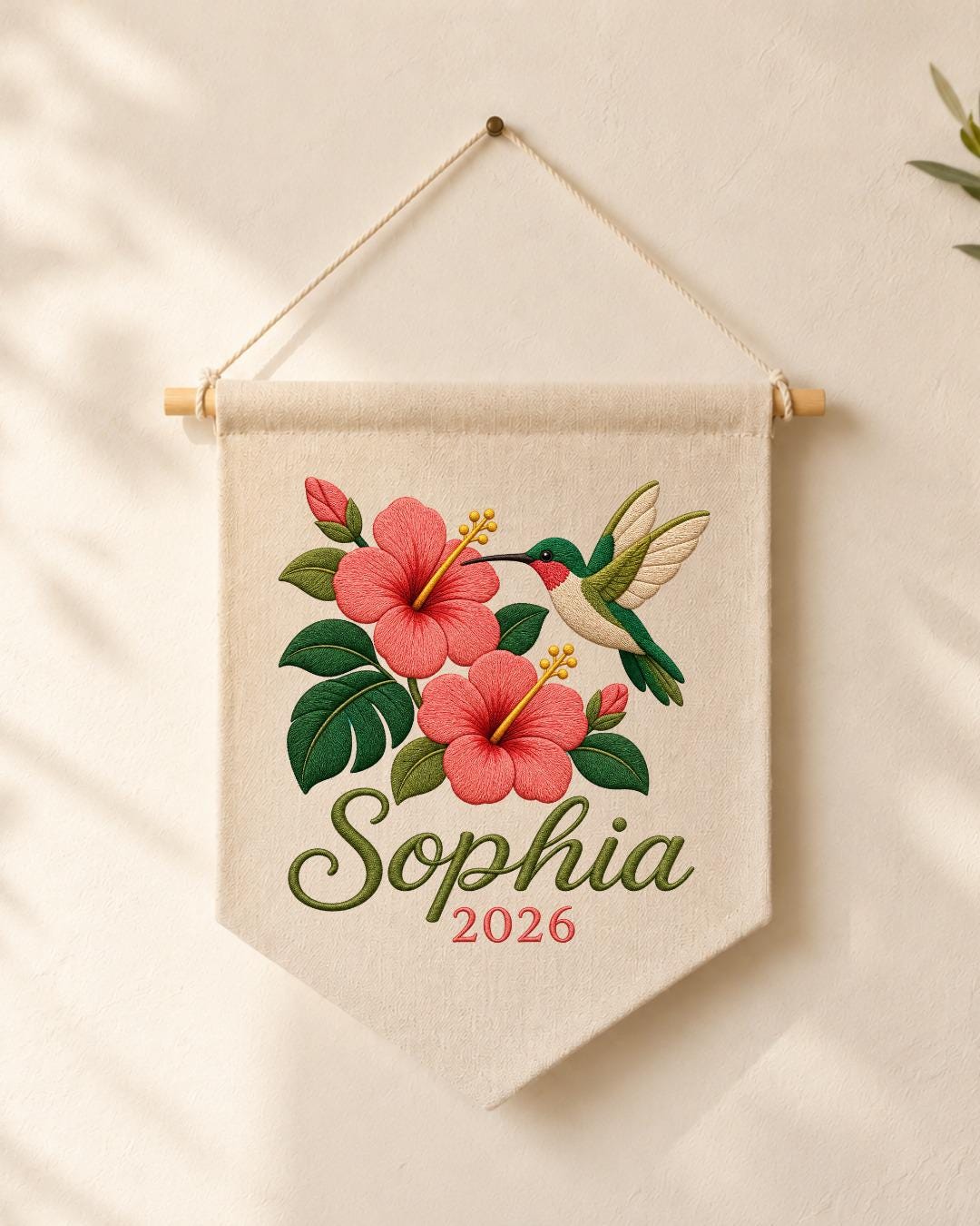 Personalized Hummingbird Floral Wall Hanging, Custom Name Embroidered Banner, Hibiscus Flower Decor, Tropical Nursery Gift