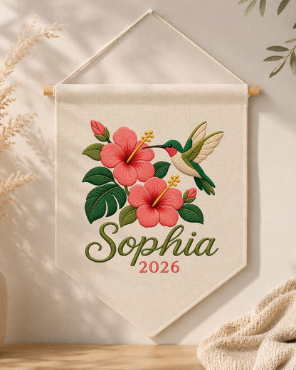 Personalized Hummingbird Floral Wall Hanging, Custom Name Embroidered Banner, Hibiscus Flower Decor, Tropical Nursery Gift