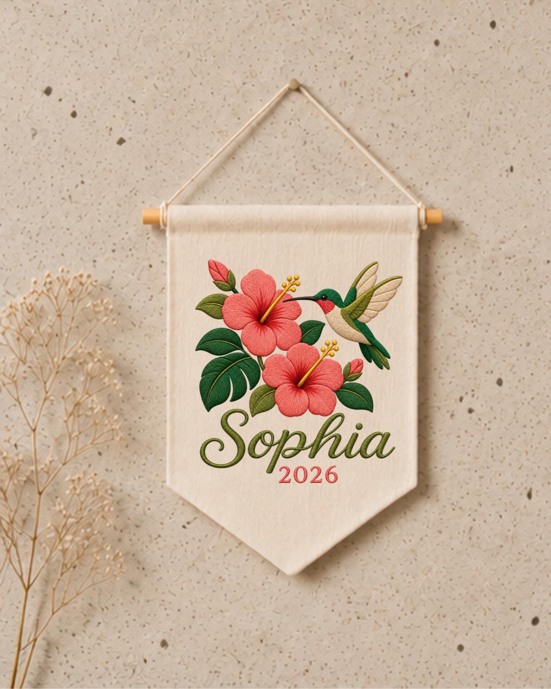 Personalized Hummingbird Floral Wall Hanging, Custom Name Embroidered Banner, Hibiscus Flower Decor, Tropical Nursery Gift