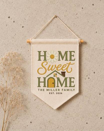 Personalized Home Sweet Home Wall Hanging, Custom Family Name Embroidered Banner, New Home Gift, Housewarming Decor, Family Keepsake