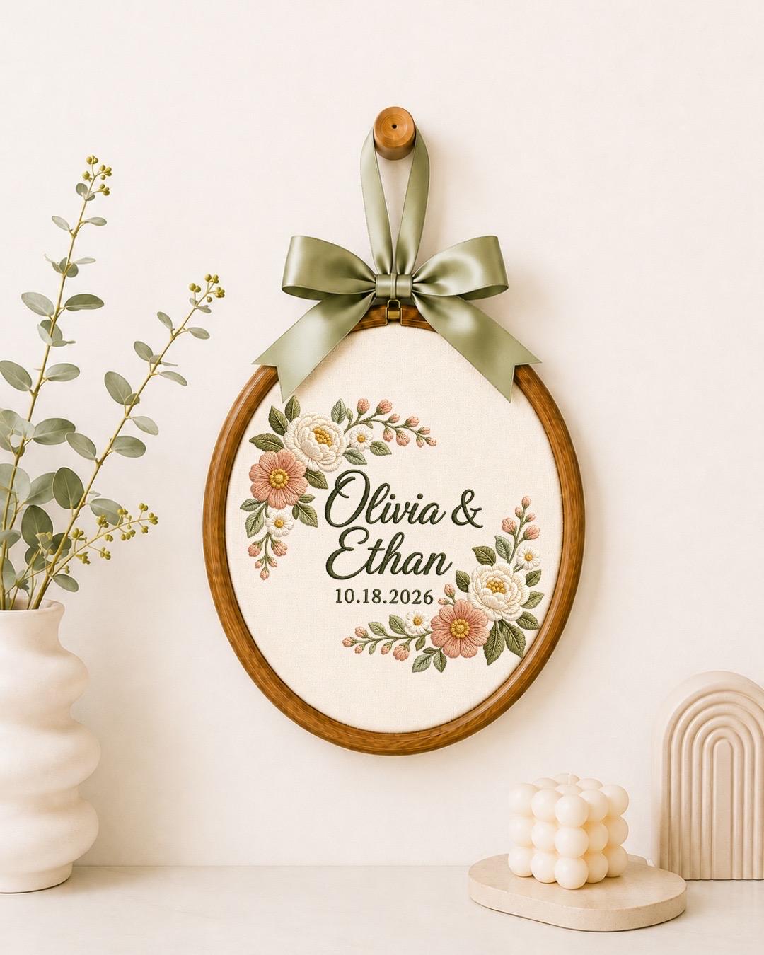 Personalized Wedding Embroidered Ornament, Custom Couple Name Hoop, Floral Anniversary Gift, Wedding Keepsake, Newlywed Home Decor