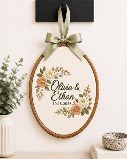 Personalized Wedding Embroidered Ornament, Custom Couple Name Hoop, Floral Anniversary Gift, Wedding Keepsake, Newlywed Home Decor