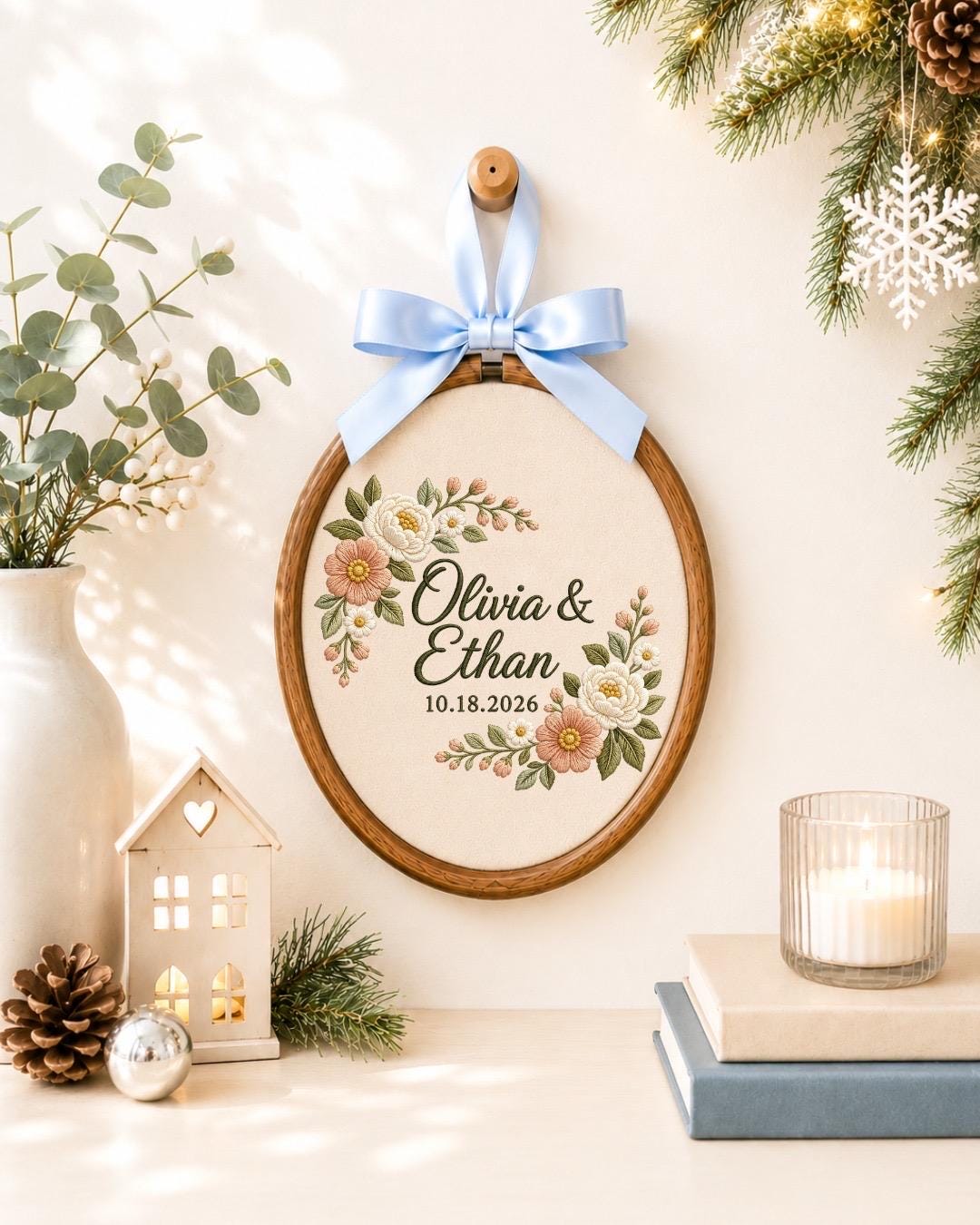 Personalized Wedding Embroidered Ornament, Custom Couple Name Hoop, Floral Anniversary Gift, Wedding Keepsake, Newlywed Home Decor