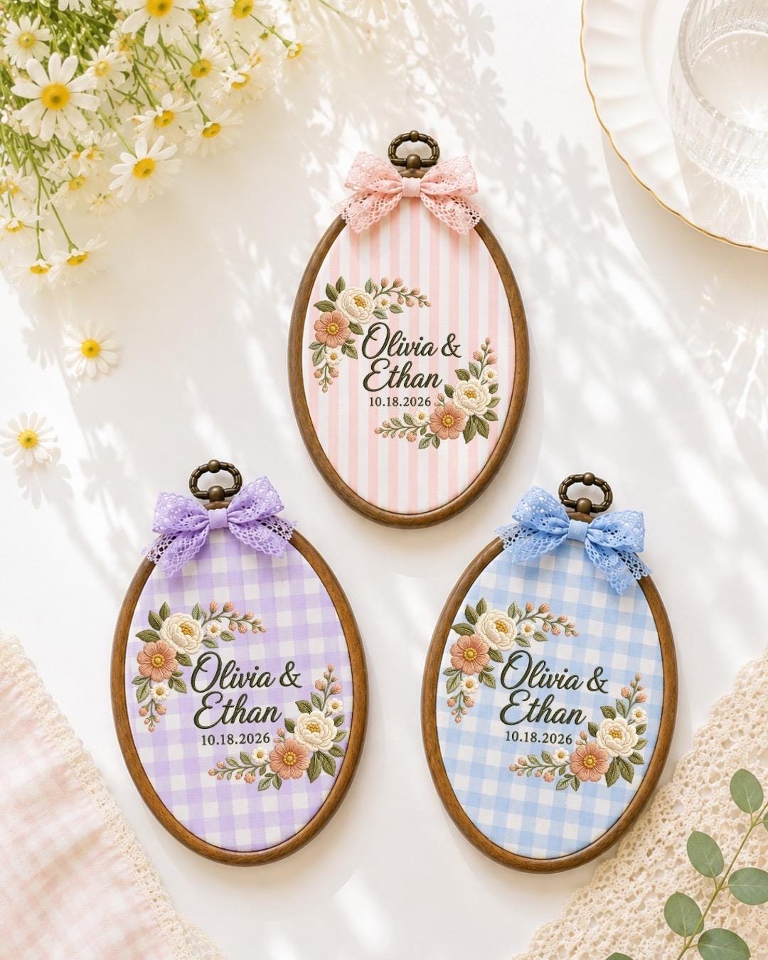 Personalized Wedding Embroidered Ornament, Custom Couple Name Hoop, Floral Anniversary Gift, Wedding Keepsake, Newlywed Home Decor