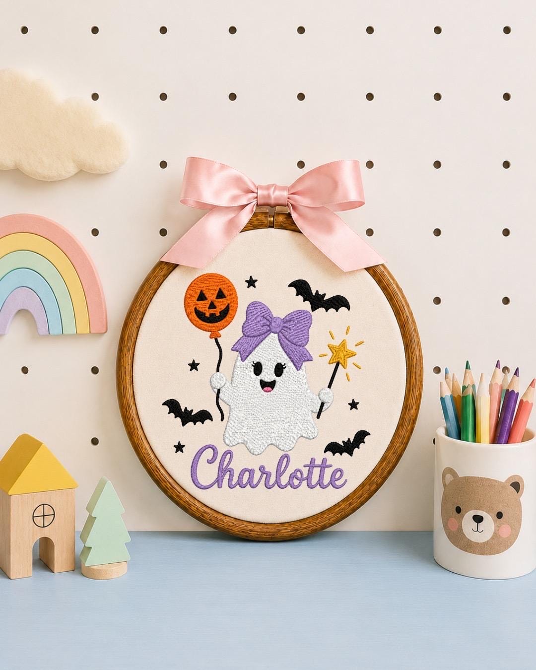 Personalized Halloween Ghost Embroidered Ornament, Custom Girl Name Hoop, Cute Ghost Nursery Decor, First Halloween Gift, Spooky Keepsake