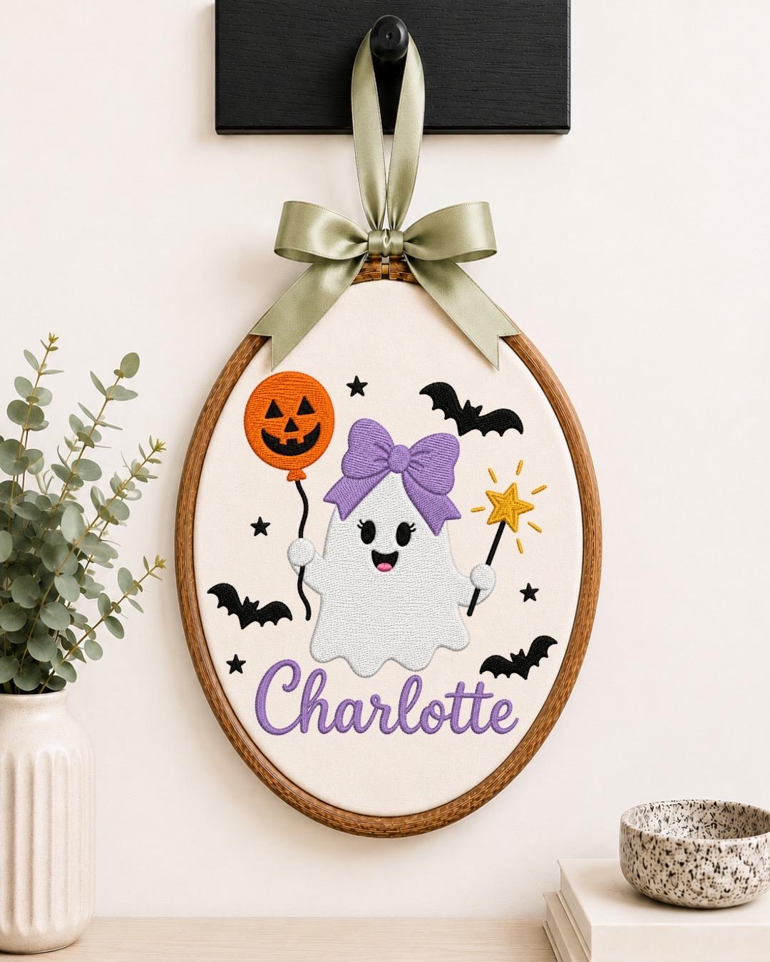 Personalized Halloween Ghost Embroidered Ornament, Custom Girl Name Hoop, Cute Ghost Nursery Decor, First Halloween Gift, Spooky Keepsake