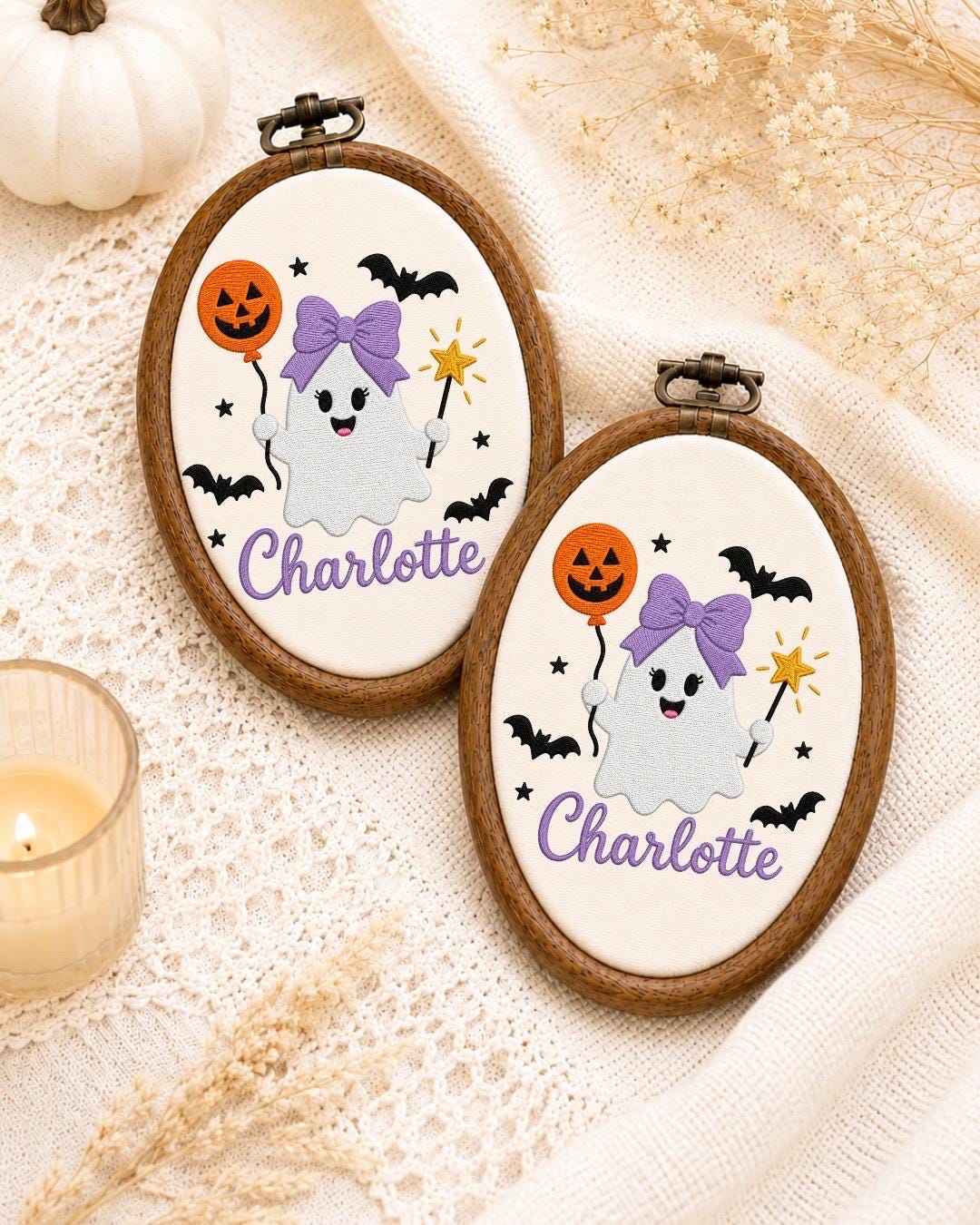 Personalized Halloween Ghost Embroidered Ornament, Custom Girl Name Hoop, Cute Ghost Nursery Decor, First Halloween Gift, Spooky Keepsake