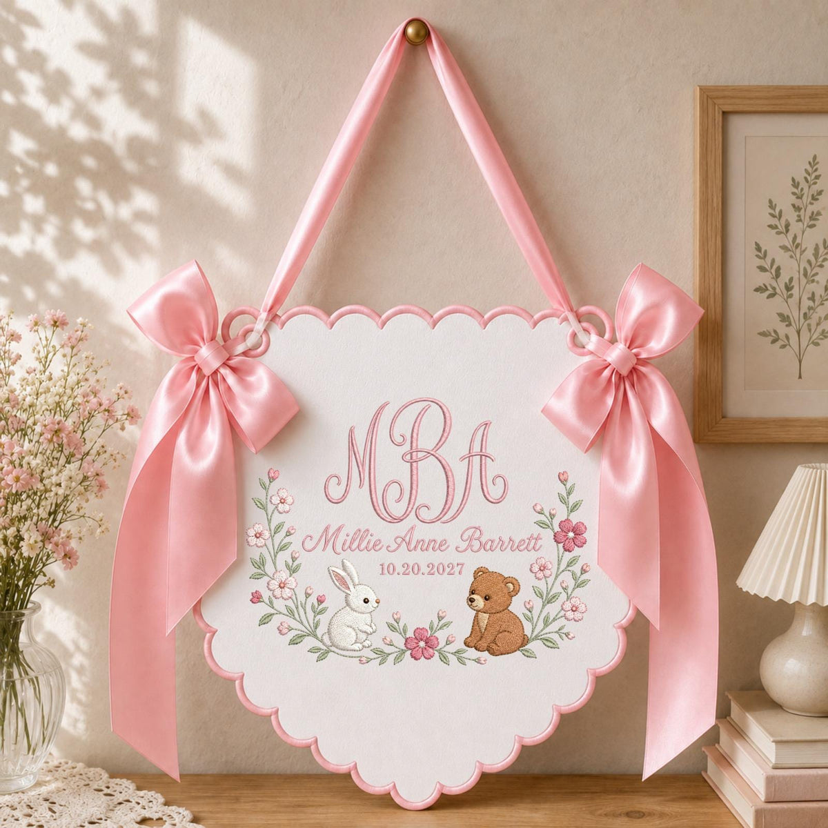 Personalized Embroidered Baby Name Banner, Bunny Bear Monogram Nursery Wall Hanging, Custom Initial Sign, Floral Baby Girl Nursery Decor