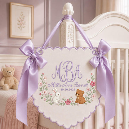 Personalized Embroidered Baby Name Banner, Bunny Bear Monogram Nursery Wall Hanging, Custom Initial Sign, Floral Baby Girl Nursery Decor
