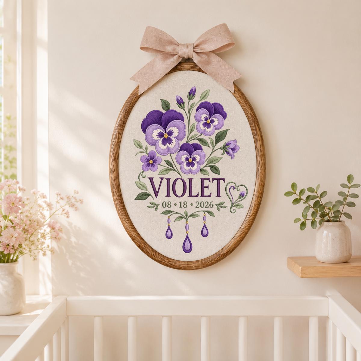 Personalized Floral Ornament, Violet Oval Embroidery Wall Hanging, Purple Flower Decor, Custom Name Date Gift, Ribbon Bow Nursery Art