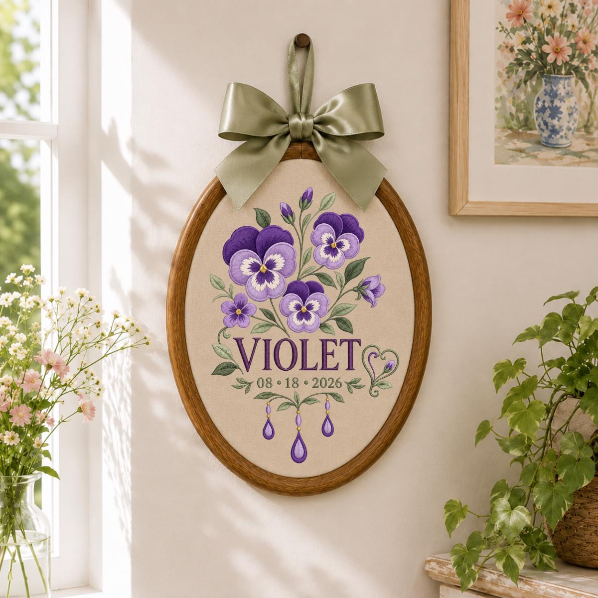 Personalized Floral Ornament, Violet Oval Embroidery Wall Hanging, Purple Flower Decor, Custom Name Date Gift, Ribbon Bow Nursery Art