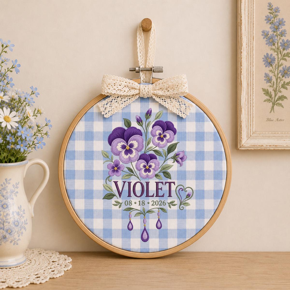 Personalized Floral Ornament, Violet Oval Embroidery Wall Hanging, Purple Flower Decor, Custom Name Date Gift, Ribbon Bow Nursery Art