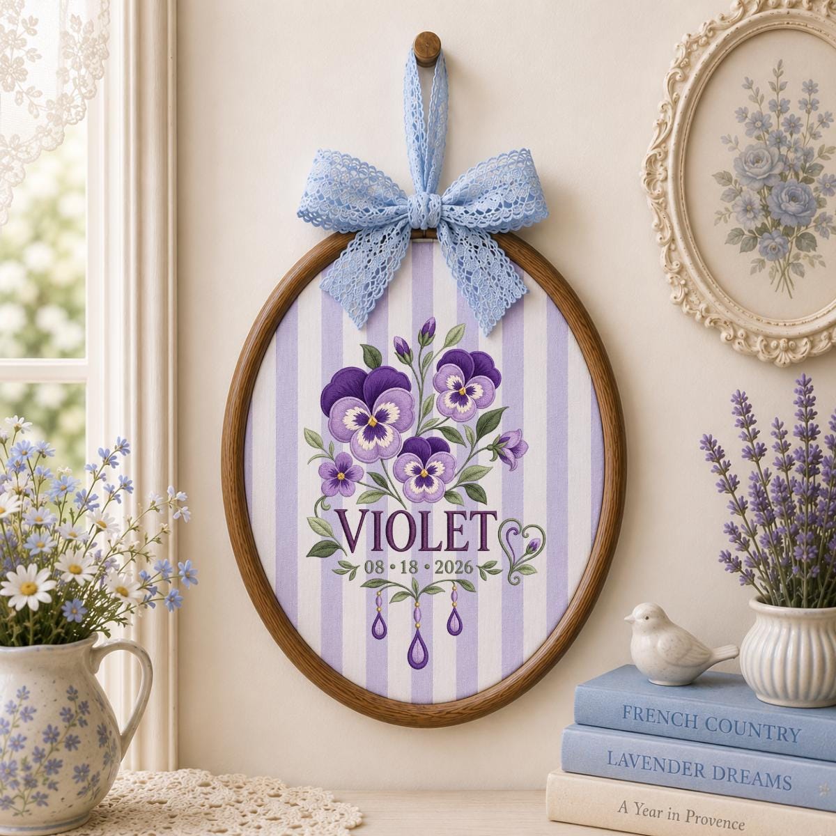 Personalized Floral Ornament, Violet Oval Embroidery Wall Hanging, Purple Flower Decor, Custom Name Date Gift, Ribbon Bow Nursery Art