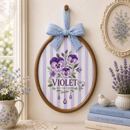 Personalized Floral Ornament, Violet Oval Embroidery Wall Hanging, Purple Flower Decor, Custom Name Date Gift, Ribbon Bow Nursery Art