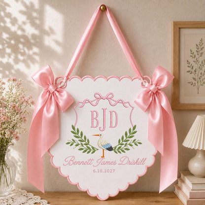 Personalized Embroidered Baby Name Banner, Stork Monogram Nursery Wall Hanging, Custom Initial Sign, Baby Boy Nursery Decor, Newborn Gift