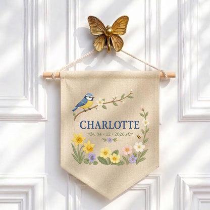 Personalized Bird Wall Hanging, Charlotte Spring Floral Banner, Blue Tit Bird Embroidery, Custom Name Date Decor, Garden Gift