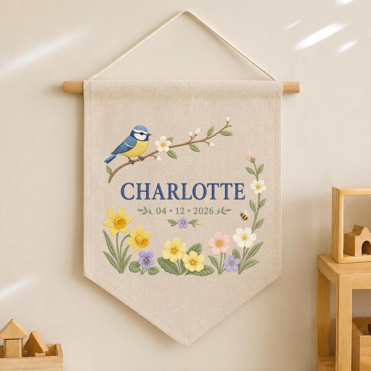 Personalized Bird Wall Hanging, Charlotte Spring Floral Banner, Blue Tit Bird Embroidery, Custom Name Date Decor, Garden Gift