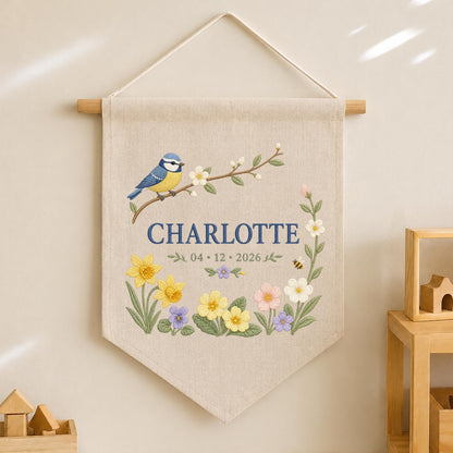Personalized Bird Wall Hanging, Charlotte Spring Floral Banner, Blue Tit Bird Embroidery, Custom Name Date Decor, Garden Gift