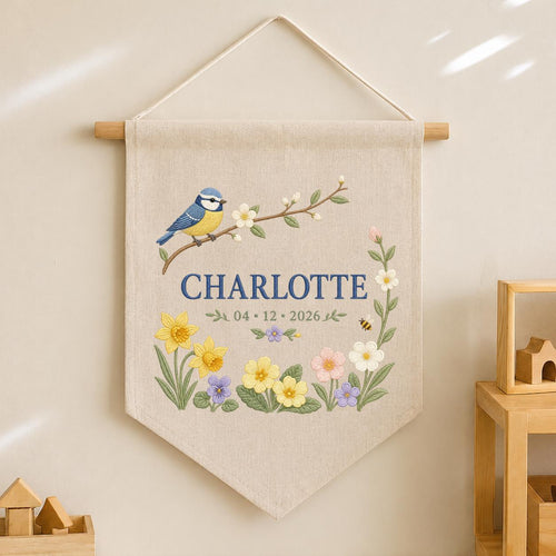 Personalized Bird Wall Hanging, Charlotte Spring Floral Banner, Blue Tit Bird Embroidery, Custom Name Date Decor, Garden Gift