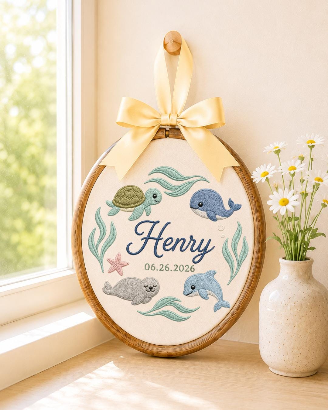 Personalized Ocean Animals Embroidered Ornament, Custom Baby Name Hoop, Sea Life Nursery Decor, Whale Turtle Dolphin Baby Gift