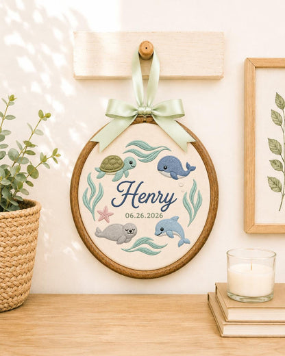 Personalized Ocean Animals Embroidered Ornament, Custom Baby Name Hoop, Sea Life Nursery Decor, Whale Turtle Dolphin Baby Gift