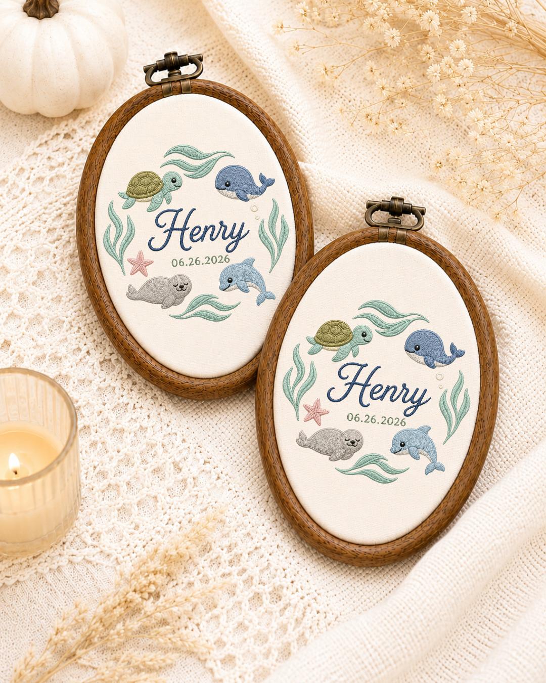 Personalized Ocean Animals Embroidered Ornament, Custom Baby Name Hoop, Sea Life Nursery Decor, Whale Turtle Dolphin Baby Gift