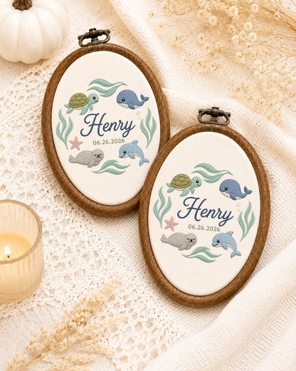Personalized Ocean Animals Embroidered Ornament, Custom Baby Name Hoop, Sea Life Nursery Decor, Whale Turtle Dolphin Baby Gift