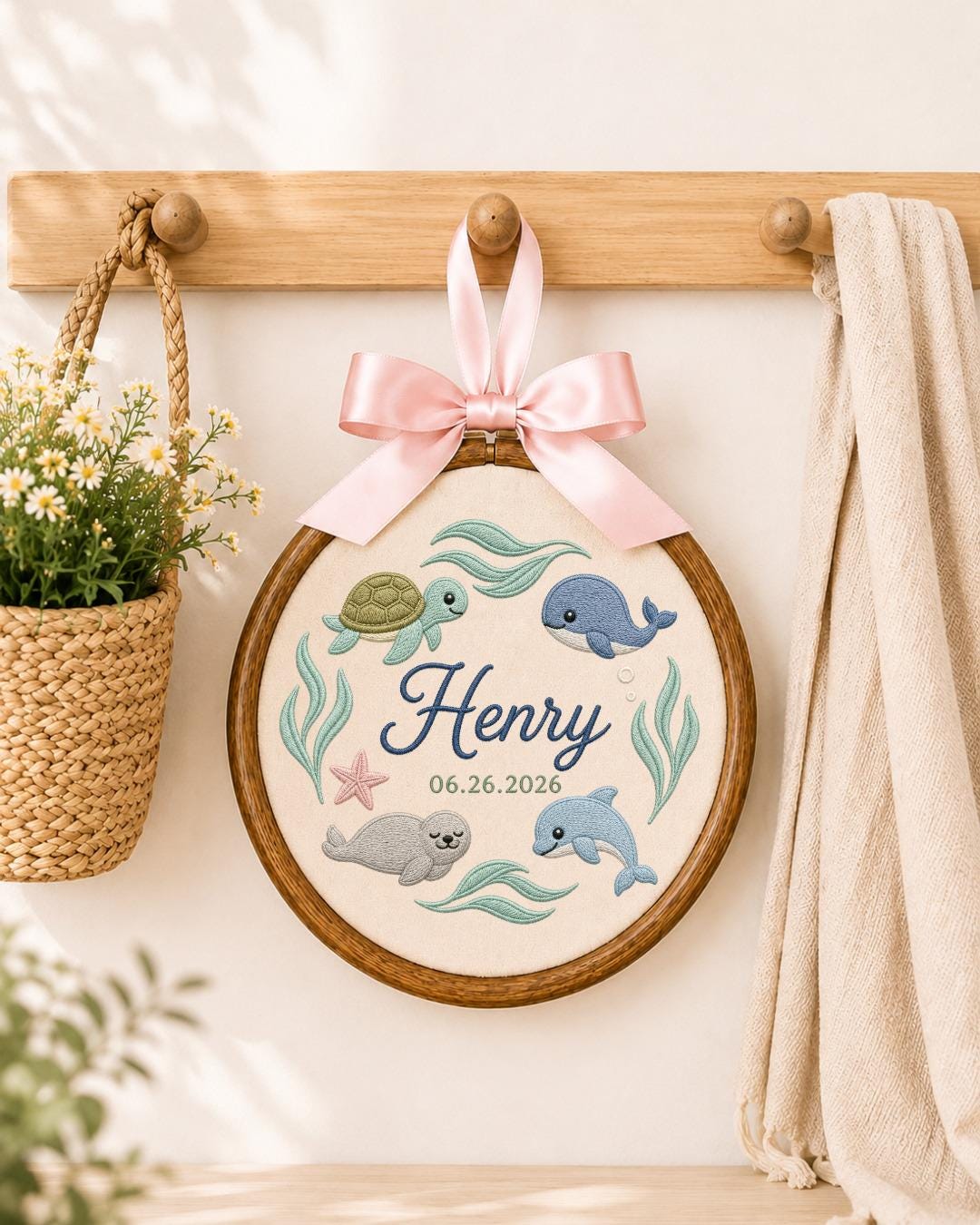 Personalized Ocean Animals Embroidered Ornament, Custom Baby Name Hoop, Sea Life Nursery Decor, Whale Turtle Dolphin Baby Gift
