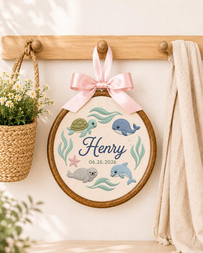 Personalized Ocean Animals Embroidered Ornament, Custom Baby Name Hoop, Sea Life Nursery Decor, Whale Turtle Dolphin Baby Gift