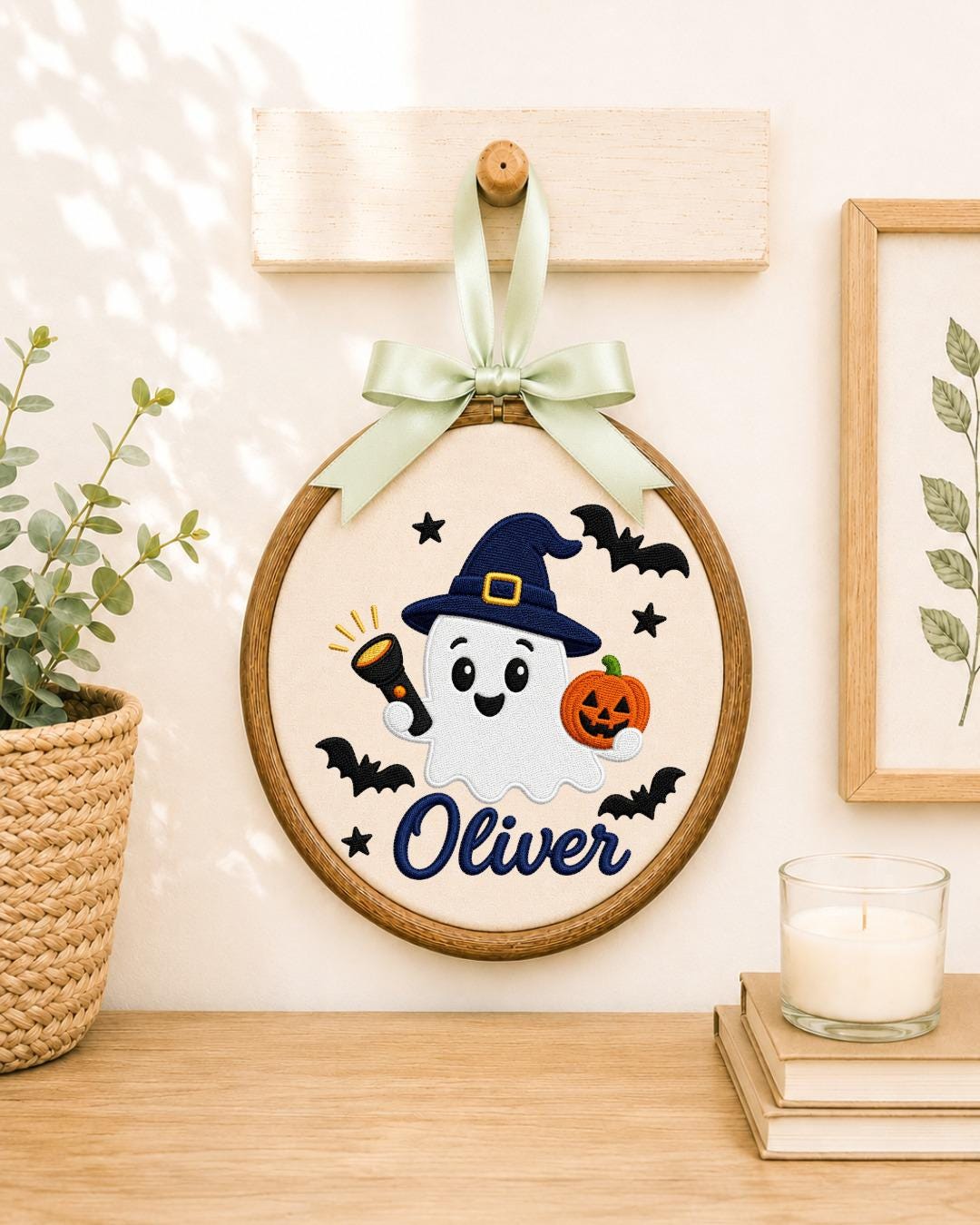 Personalized Halloween Ghost Embroidered Ornament, Custom Name Hoop, Cute Witch Ghost Decor, Kids Halloween Gift, Spooky Keepsake
