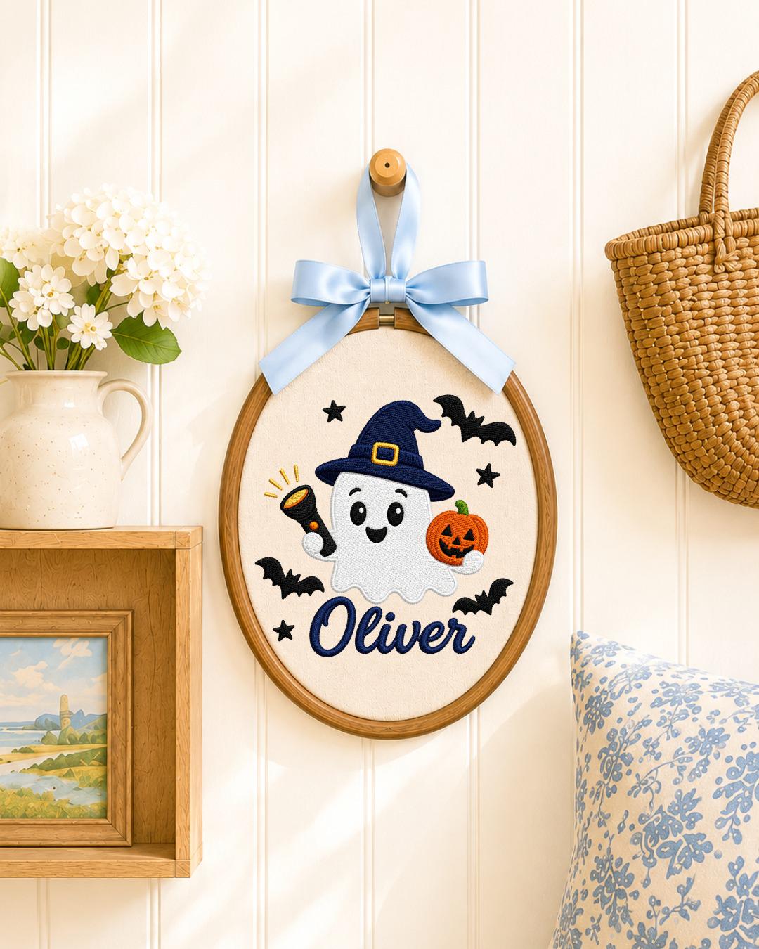 Personalized Halloween Ghost Embroidered Ornament, Custom Name Hoop, Cute Witch Ghost Decor, Kids Halloween Gift, Spooky Keepsake