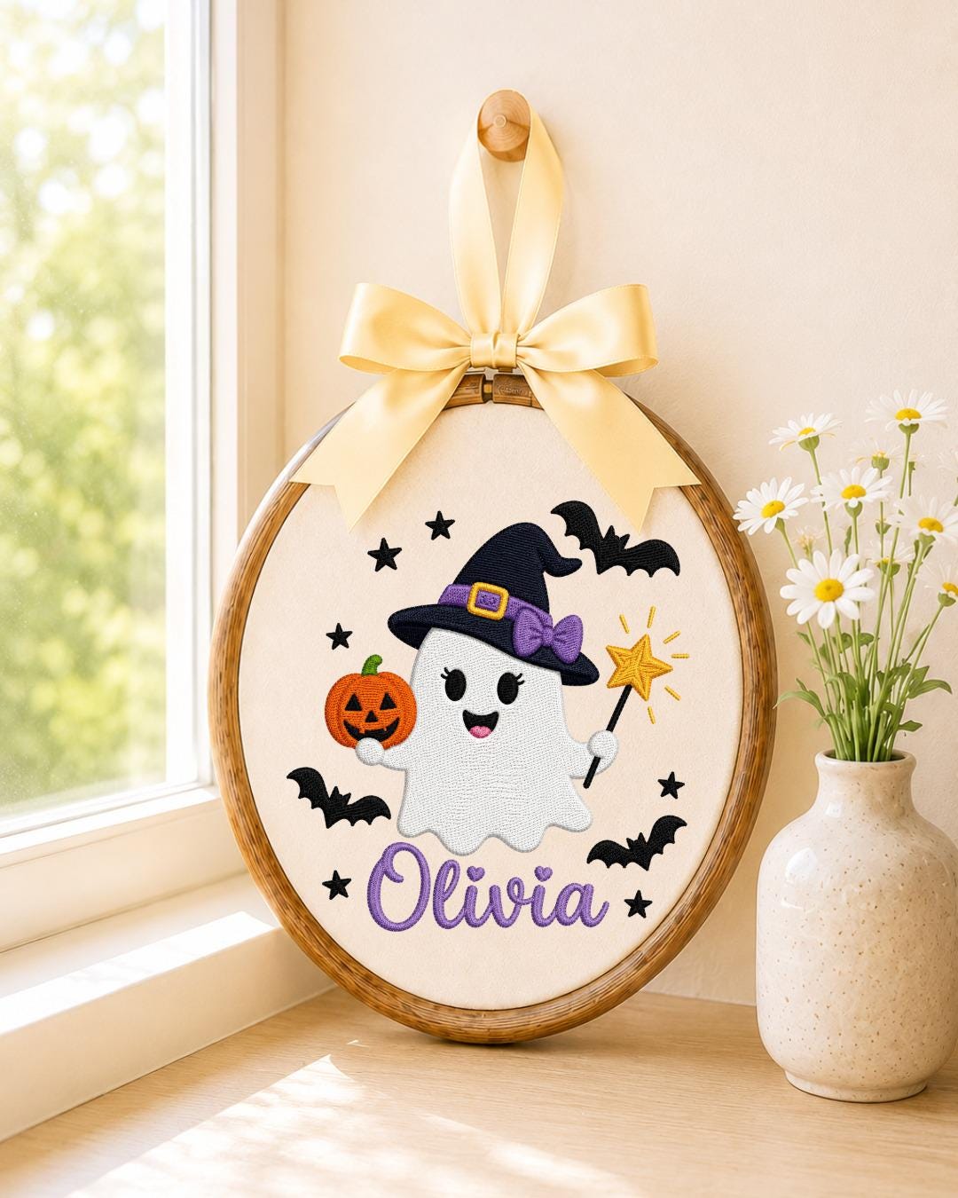Personalized Halloween Ghost Embroidered Ornament, Custom Name Hoop, Cute Witch Ghost Decor, Kids Halloween Gift, Spooky Keepsake