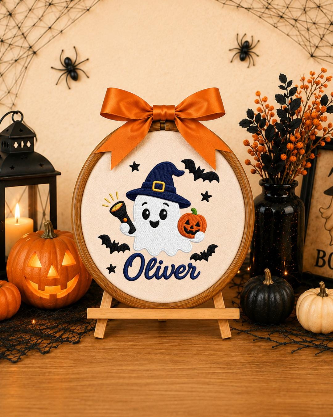 Personalized Halloween Ghost Embroidered Ornament, Custom Name Hoop, Cute Witch Ghost Decor, Kids Halloween Gift, Spooky Keepsake