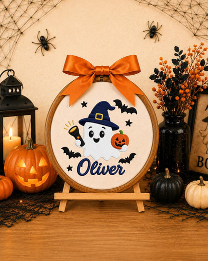 Personalized Halloween Ghost Embroidered Ornament, Custom Name Hoop, Cute Witch Ghost Decor, Kids Halloween Gift, Spooky Keepsake