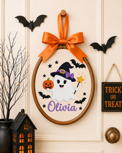 Personalized Halloween Ghost Embroidered Ornament, Custom Name Hoop, Cute Witch Ghost Decor, Kids Halloween Gift, Spooky Keepsake