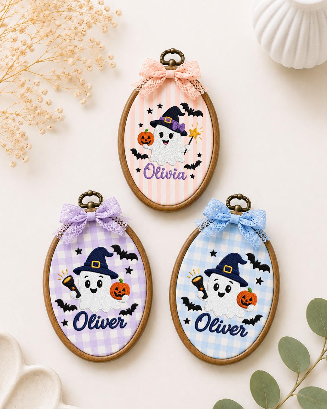 Personalized Halloween Ghost Embroidered Ornament, Custom Name Hoop, Cute Witch Ghost Decor, Kids Halloween Gift, Spooky Keepsake