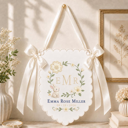 Personalized Bunny Monogram Banner, Emma Rose Miller Wall Hanging, Floral Scalloped Ornament, Lavender Bow Decor, Baby Girl Gift